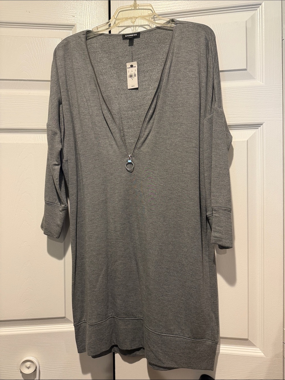 Express Women's Gray Zip V-Neck Tunic with Ring Pull